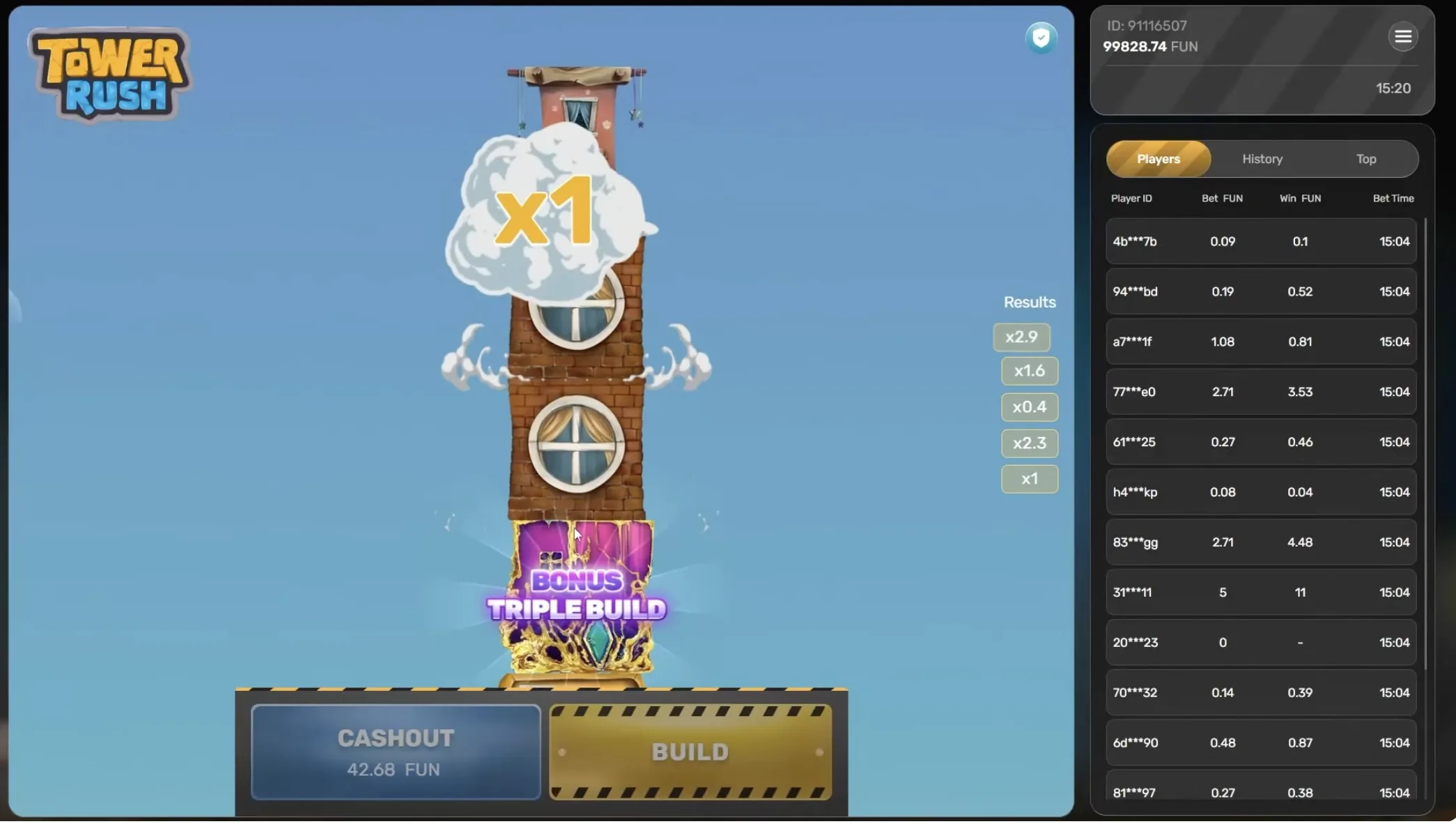 Tower Rush Bonus Triple Build floor with live player feed and cashout controls