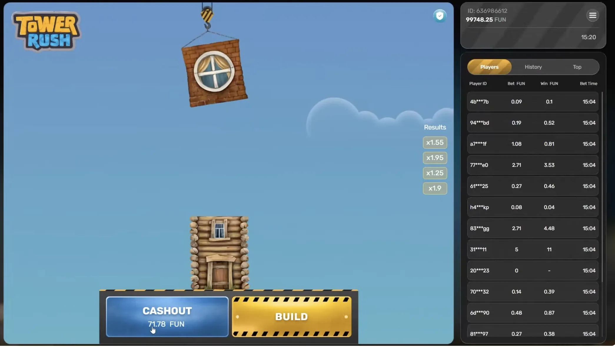Tower Rush live gameplay — cashout at 71.78 FUN with multiplier history and player feed