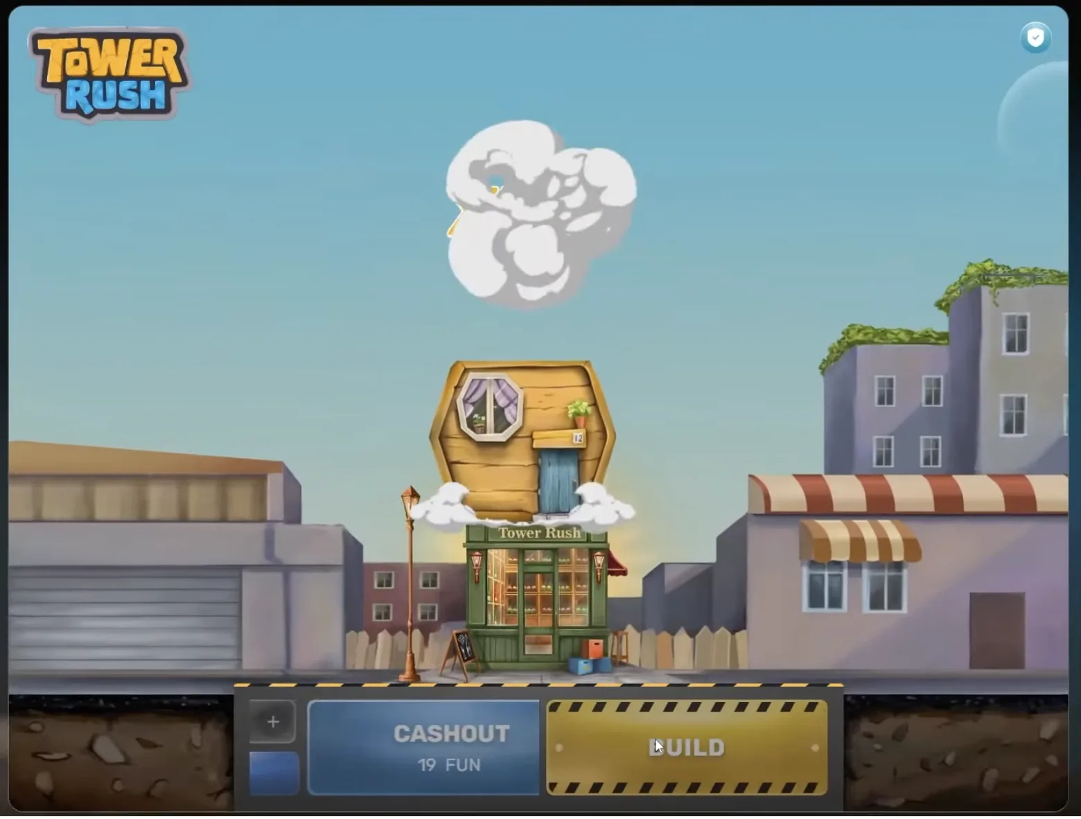 Tower Rush street scene with the Tower Rush shop and a bonus floor being placed
