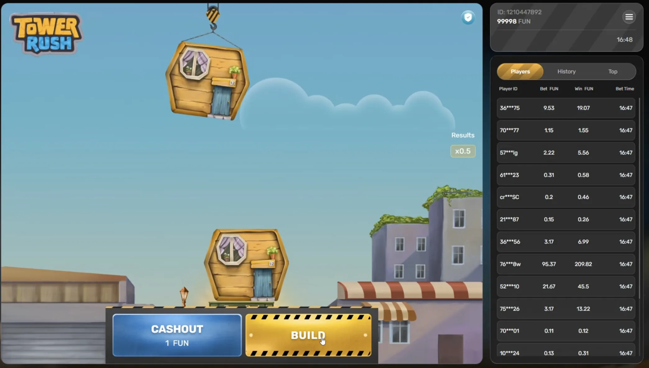 Tower Rush gameplay — first floor with Build and Cashout buttons on a certified platform